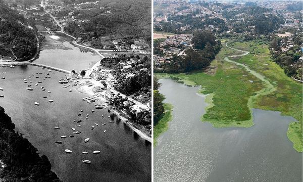 Foto área do Grota Funda na década de 1960 mostra atividade naútica no bairro Eldorado; imagem atual retrata aumento do assoreamento no local impede a restruturação de Porto Náutico (Fotos: Arquivo/MDV e Cleyton Cardoso/Mangat) Diário do Grande ABC - Notícias e informações do Grande ABC: Santo André, São Bernardo, São Caetano, Diadema, Mauá, Ribeirão Pires e Rio Grande da Serra